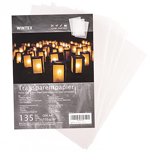 WINTEX Papel transparente impresora A4 - Set de 135x láminas de papel cebolla de 102 g/m² - Papel manualidades plantillas para calcar - Hojas de color blanco tránlucido