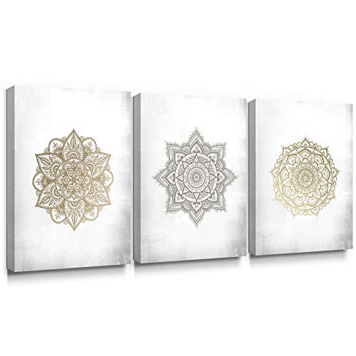 SUMGAR Mandala Art Mandala Gris Dorado Decoración de la Pared Decoraciones Indias Impresiones en Lienzo Flores asiáticas Imágenes Obra Floral para el Dormitorio Sala de Estar Baño 30x40cmx3 Piezas