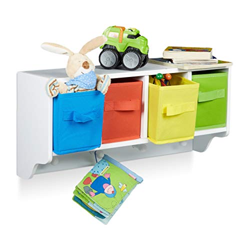 Relaxdays, 28 x 61 x 16 cm, Blanco Estantería Infantil Albus, Organizador de Pared, 4 Perchas, 4 cestas Plegables, tableros conglomerado DM, poliéster