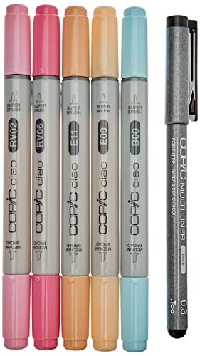 Copic Ciao - Juego de rotuladores (5 unidades, doble punta, incluye rotulador de punta fina 0,3 mm), tonos brillantes