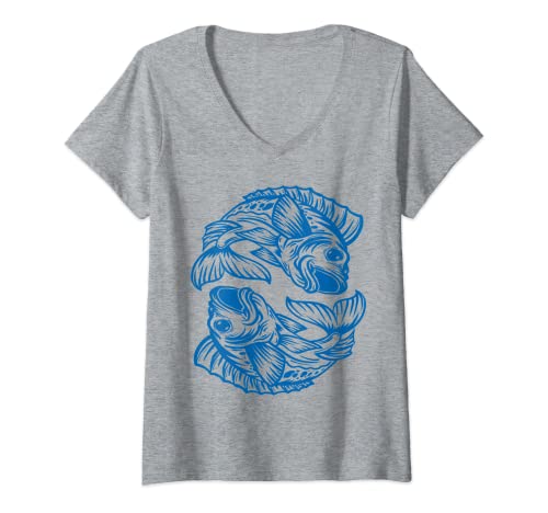 Mujer Koi Fish Pesca Carpa Japón Grabado Azul Kawaii Rod Line Camiseta Cuello V