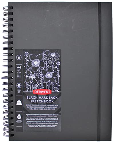 Cuaderno Derwent con Papel Negro Vertical Tamaño A4 para Dibujar y Escribir, 40 Hojas, Papel Libre de Ácidos, Bloc de Notas Espiral, Calidad Profesional, Negro, 2300379