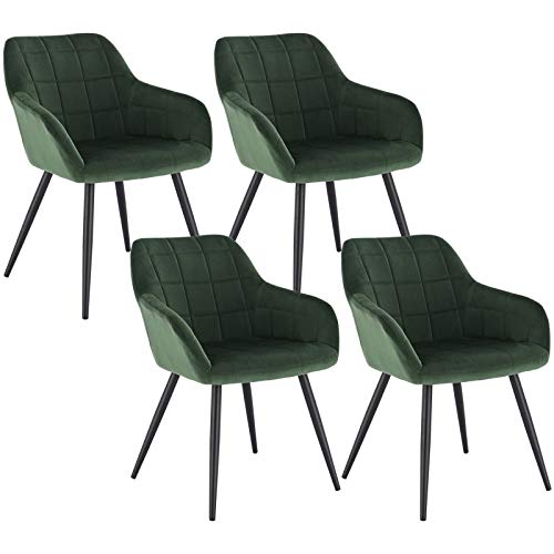 WOLTU 4X Sillas de Comedor Nordicas Estilo Vintage Juego de 4, Silla de Cocina Silla Tapizada con Reposabrazos Tapizadas en Terciopelo, Estructura de Metal, Verde Oscuro BH93dgn-4