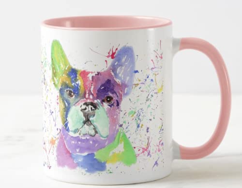 Vixar Taza de colores con diseño de bulldog francés, diseño de perro francés, acuarela, arcoíris, regalo de cumpleaños, trabajo, oficina, Navidad, té, café (rosa)