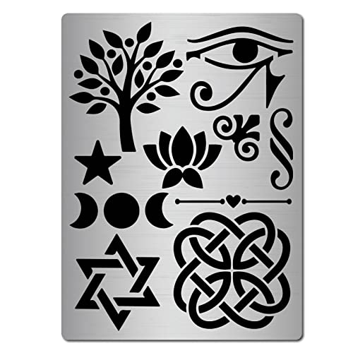 GORGECRAFT Metal Ojo de Horus Plantilla Árbol de la Vida Loto Luna Símbolo Vikingo Triquetra Nudo Plantillas Pintura Plantilla Reutilizable para Pintar, Madera Quemandose, Pirograbado Y Grabado