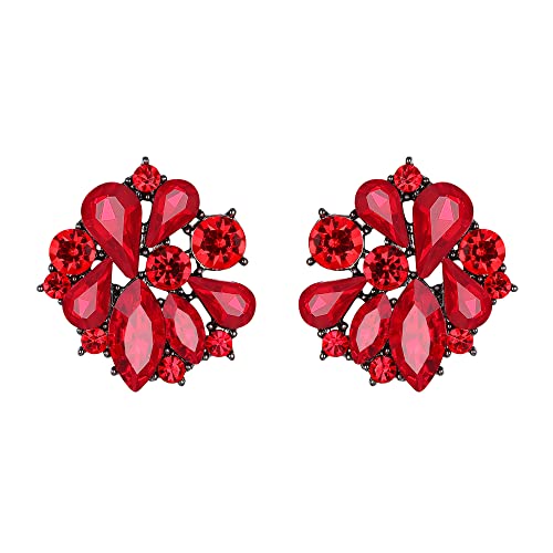 EVER FAITH Pendientes Mujer Diamantes de Imitación Flores Aretes de Tuerca para Mujeres y Niñas Rojo Tono Negro