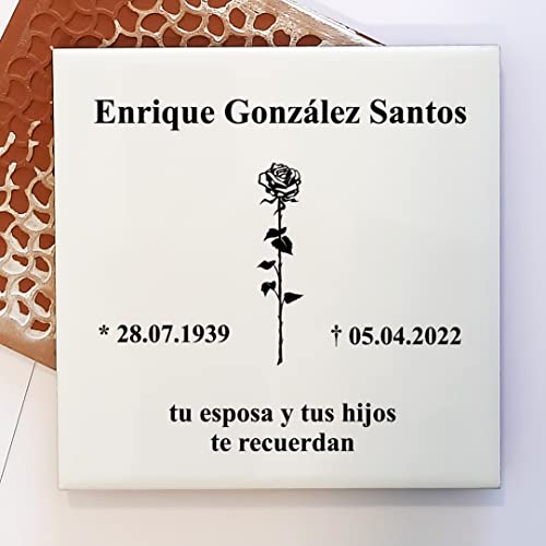 Baldosa funeraría de cerámica personalizada, Placa conmemorativa grabada con láser y pintada de negro, Apto para uso en interior e exterior como cementerios o jardines (para las mascotas) (10x10 cm)