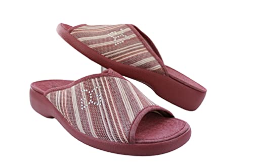Garzón - Zapatillas casa con plataforma suela goma antideslizante para mujer. Color: Burdeos, rayas. Puntera abierta Talla: 38