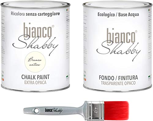 bianco Shabby Pintura a la Tiza para Todas las Superficies - 1 L Chalk Paint Bianco Antico + 1 L Acabado Transparente +Brocha 40mm para Muebles de Madera