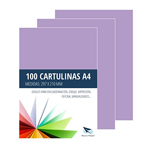 Raylu Paper® Cartulinas A4 100 unidades de color violeta, 180gr 210 x 297 mm, Ideal para encuadernación, trabajos de oficina, dibujo, manualidades. aptas para uso escolar (Violeta)
