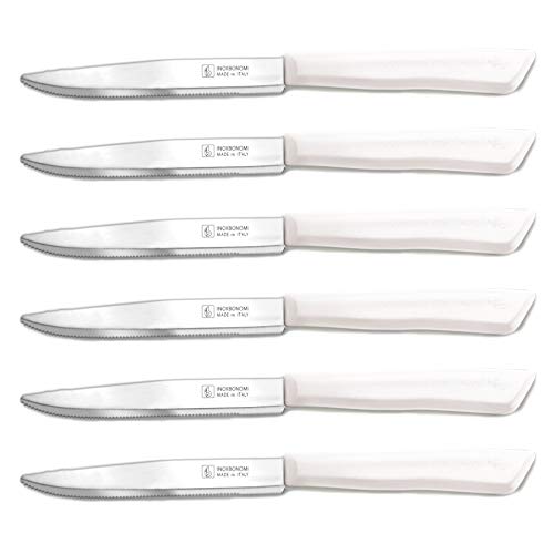 Cuchillos italianos, cuchillos de carne de estilo italiano por Inoxbonomi Coltellerie, 6 unidades de acero inoxidable en color (punto blanco)..