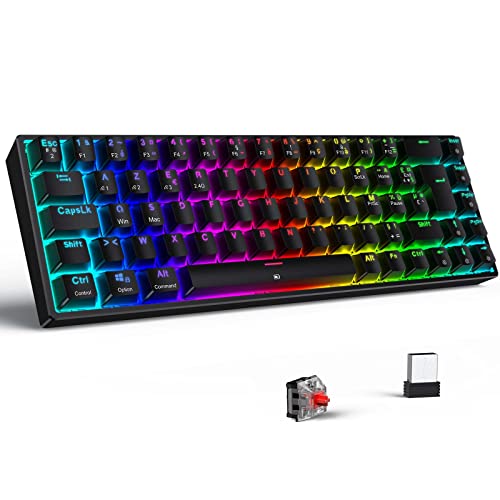 TECURS Teclado inalámbrico para Juegos Francia Mecánico Bluetooth /2.4G/ Teclado para Juegos con Cable RGB 65% TKL AZERTY Interruptor Rojo para iPad/PC/Windows/Mac/PS4, Negro