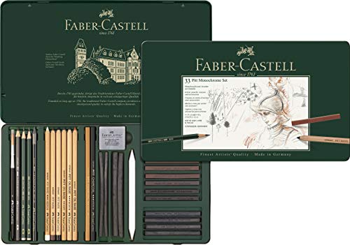 Faber-Castell 112977 - Pitt Monochrome Set en caja de metal, grandes, 33 partes , Modelos/colores Surtidos, 1 Unidad