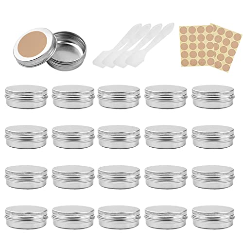 20 Piezas 20ml Tarros de Aluminio, Plata Tarros de Aluminio Vacíos Redondo con 5 Espátula y 2 Etiqueta, Mini Cajas Pequeñas para Viajes, Cosméticos, Dulces, Manualidades, Bálsamo/Crema.