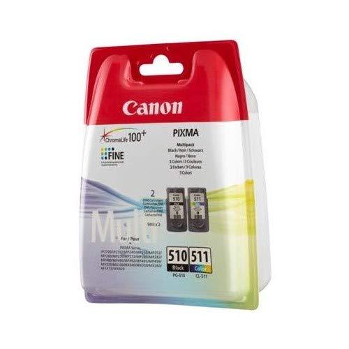 Canon PG-510+CL-511 Cartuchos de tinta BK+Tricolor para Impresora de Inyeccion de tinta Pixma iP2700-2702-MP230-240-250-252-260-270-280-480-490-492-495-499-MX320-MX330-340-350-360-410-420