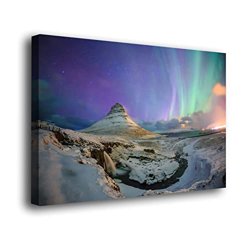 Genérico Cuadro lienzo canvas Aurora Boreal en el monte Kirkjufell Islandia – Varias medidas - Lienzo de tela bastidor madera de 3 cm - Alta resolucion (60, 40)