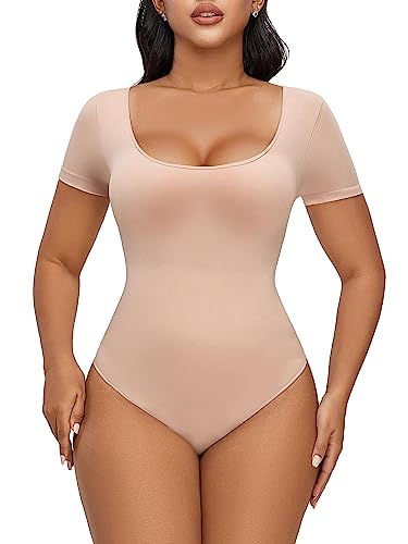 SHAPERX Body Reductor Mujer Manga Corta Bodysuit Shapewear Control de Abdomen Moldeador lnvisible Camiseta Top Cuello Cuadrado, UK-SZ5253-Sandstone-S/M