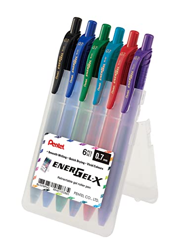 Pentel Energel X BL107, Roller tinta de gel retráctil punta media 0,7 mm, bolsa de caballete de 6, Negro, Rojo, Azul, Verde, Azul cielo, Violeta