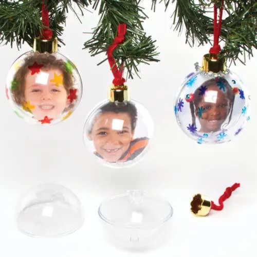 Baker Ross- Bolas de fotos grandes transparentes para el árbol de Navidad, Arte creativo y Manualidades para niños para hacer, Personalizar y Decorar, Transparente, Paquete de 4