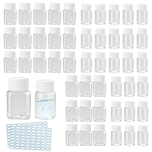 DURANTEY 50 PCS Botellas Pequeñas de Plastico Transparente 20ml y 30ml Botes Pequeños para Rellenar Botella Cosmetica Vacio con Tapón de Rosca Blanco y 2 Hojas de Pegatinas para Líquidos Champú Loción