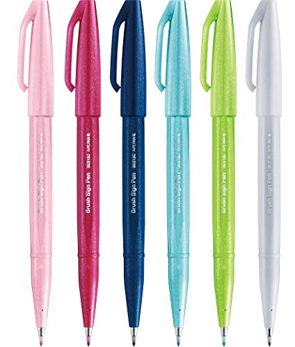 Pentel SES15C Brush Sign Pen - Marcador de punta de fibra flexible, paquete de 6 colores