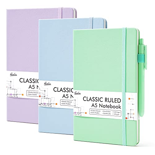 Feela Cuadernos con rayas universitarias, paquete de 3, A5, colores pastel, azul claro, morado claro, verde claro