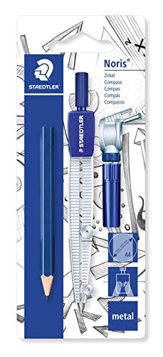 Staedtler 550 60 BK Compás escolar con adaptador universal, bote para minas y lápiz pequeño adicional en blíster, azul/plata