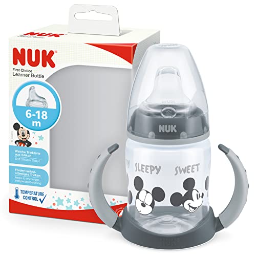 NUK First Choice+ - Botella para aprender a beber, 6 – 18 meses, 150 ml, válvula anticólicos, boquilla a prueba de fugas, mangos ergonómicos, sin BPA, ratón Disney Mickey | gris