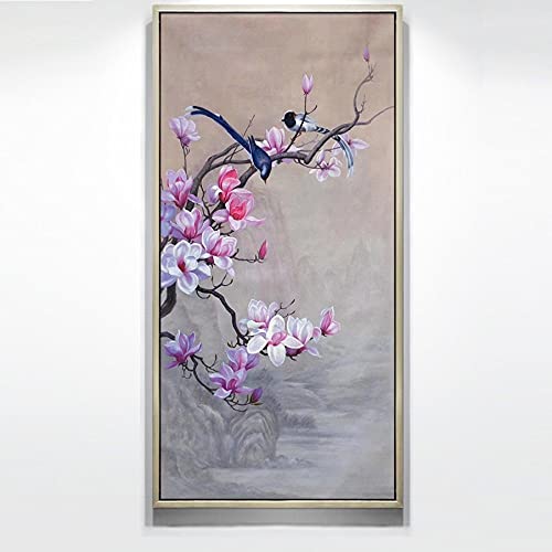 KKMAOMAO Pintura moderna del arte del pájaro de la flor china, pintada a mano, pintura al óleo del pájaro de cola larga, gran vertical de la pared para el pasillo de la sala de estar, 150 x 300 cm