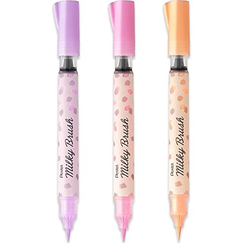 Pentel Arts Milky - Rotuladores de pincel (tinta pastel, de fina a trazo ancho, 3 unidades), color violeta pastel, rosa pastel y naranja pastel