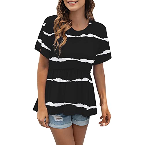 Yowablo Mujeres Casual O cuello camiseta suelta Top Ruffle Hem Striped Print Short Sleeve Camisa Top Blusa Tops Sexy Rojo para Mujeres Satén, Le Noir, XXL