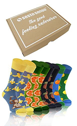 Sesto Senso 4 pares Calcetines Casuales Gracioso Largo Vistoso Hombre Mujer Plátano Piña Sandía Limón y Naranja 35-38 Frutas