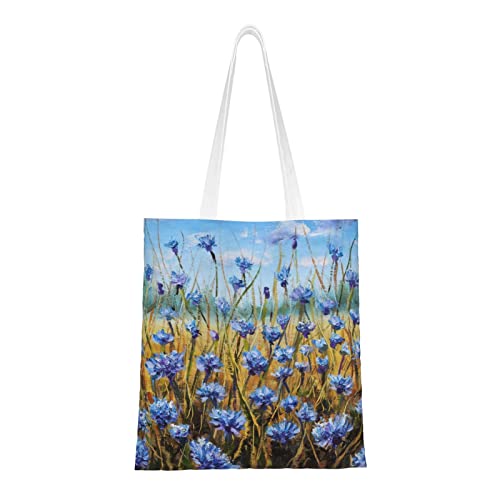 ALLOCS Bolsa de hombro reutilizable con diseño de estrella de noche azul, bolsa de compras para escuela, trabajo, playa, almuerzo, viajes y compras, Pintura al óleo de flores azules, Talla única