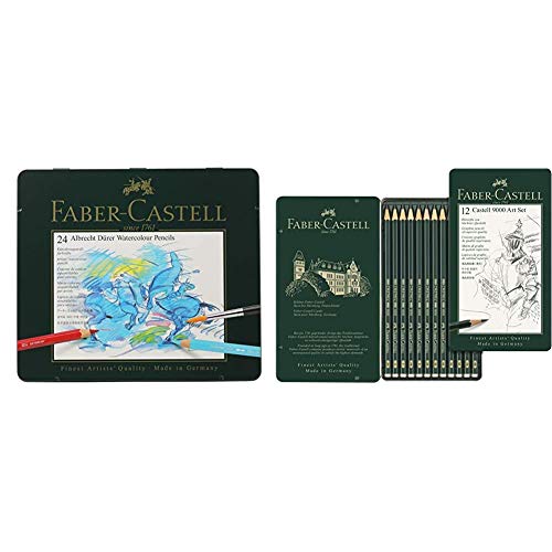 Faber-Castell 117524 - Estuche de metal con 24 ecolápices acuarelables, multicolor + 9000 - Set de 12 lápices para dibujo artístico