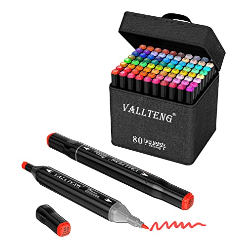 Vallteng 80 Colores Art Markers Rotulador permanente Marcador con doble punta, para dibujar bocetos Manga Sketch Pen para niños Sketch Marker Set (Negro, 80 colores)