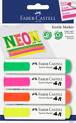 Faber-Castell 159591 – Rotulador textil en colores neón para telas claras, paquete de 4, ancho de trazo de 1 a 5 mm, para fiestas de baño, cumpleaños infantiles, despedidas de soltero