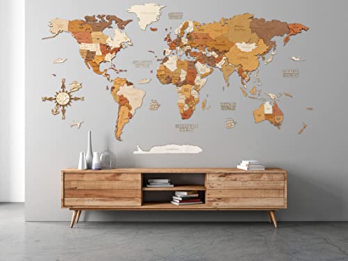 68travel Mapa del mundo de madera para decoración de pared – multicapa de madera teñida multicolor, nombres grabados – Efecto único 3D – para sala de estar, oficina y dormitorio (300x170 cm)