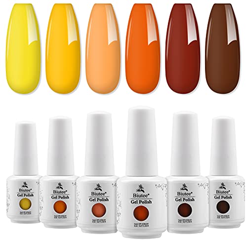 Biutee 8ML Pintauñas Semipermanentes Esmalte, Juego de 6 Semipermanentes Esmaltes de Uñas En Gel Amarillo, Naranja y Marrón (Arce), Autumn and Winter Atmospheric Nail Set