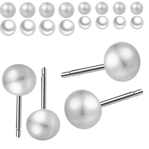 XPEX 10 pares de aretes de perlas para las mujeres de agua dulce joyas de perlas blancas del oído, pendientes de cuentas de plata de 6 mm / 8 mm