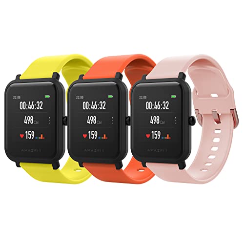 MoKo 3 Pack Correas Compatible con Amazfit GTS/GTS 2/2 Mini/2e/GTS 3/4 Mini/Bip 3/3 Pro/Bip/Bip Lite/Bip S/Bip U/GTR 42mm, 20mm Pulsera Deportiva de Repuesto de Silicona, Amarillo/Naranja/Rosa