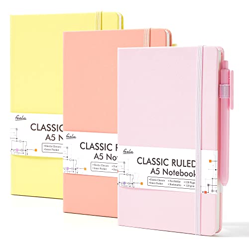 Feela Cuadernos de rayas universitarias, paquete de 3, A5, colores pastel, amarillo claro, rosa claro, naranja pálido
