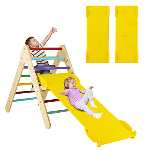 COSTWAY 3 en 1 Triángulo de Escalada con Rampa Ajustable para Escalar y Deslizarse, Escalador Triangular de Madera, Juguetes Triangulares de Escalada para Niños Pequeños