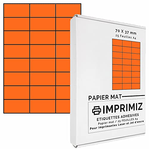 600 etiquetas autoadhesivas, color naranja fluorescente, 70 x 37 mm, 24 etiquetas/hoja, 25 hojas papel adhesivo, A4, para impresión láser y de inyección de tinta