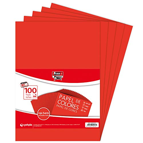 Fixo Paper 65009251. Paquete de 100 Hojas de Color Rojo Intenso, A4, 80 Gramos