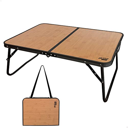 AKTIVE 63016 - Mesa plegable camping portátil diseño madera con asa para fácil transporte, mesas pequeñas picnic, medidas 60 x 40 x 25.5 cm, aluminio ligero, accesorios acampada