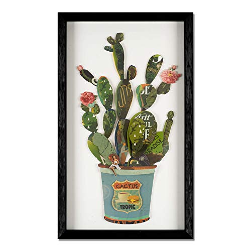 ADM 'Cactus en maceta' - Cuadro con efecto 3D realizado con técnica de collage, enmarcado y protegido por un cristal frontal - Multicolor - H50 cm