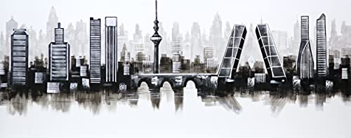 Cuadroexpres - Cuadro XXL pintado Skyline de Madrid en Blanco y Negro 150x60 cm, sobre lienzo, Listo para colgar. 100% Original