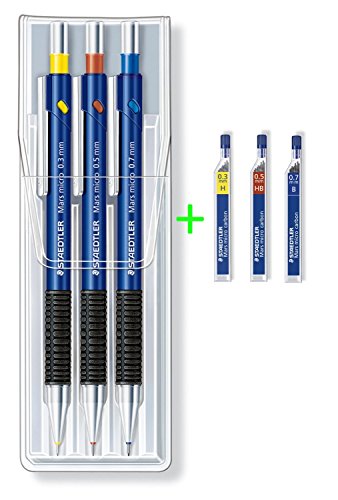 Staedtler - Juego de 3 portaminas de colores Mars® Micro 0,3 mm + 0,5 mm + 0,7 mm, con 36 minas finas H, HB y B