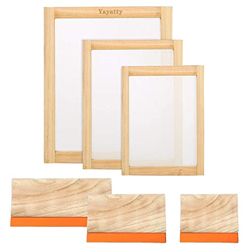 Yayatty Kit de inicio de serigrafía de 5 piezas, marco de serigrafía y kit de escobilla, incluye 3 tamaños de marco de serigrafía de seda de madera, escobilla de serigrafía para serigrafía