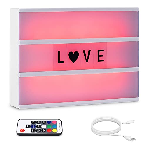 kwmobile Caja de luz cinematográfica LED A4 - Light Box con cambio de color y mando a distancia - Caja luminosa con 126 letras negras y cable USB